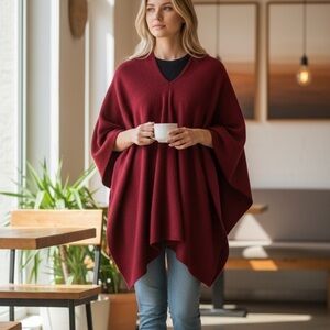 ECHOVIEW Red Peruvian Wool & Baby Alpaca V-neck Poncho